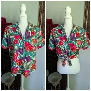 Vtg 80s 90s Womens Medium Button Shirt Colorful Tropical Floral Short Sleeve 182